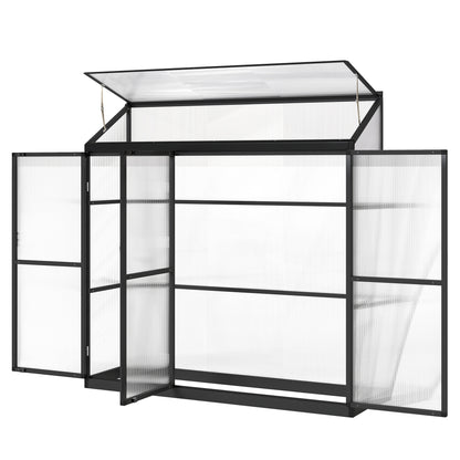 6 x 1.5ft Polycarbonate Greenhouse with 3 Hinged Doors, Top Vent, Lean-to Green House, Aluminium Walk-in Greenhouse for Patio Garden, Black