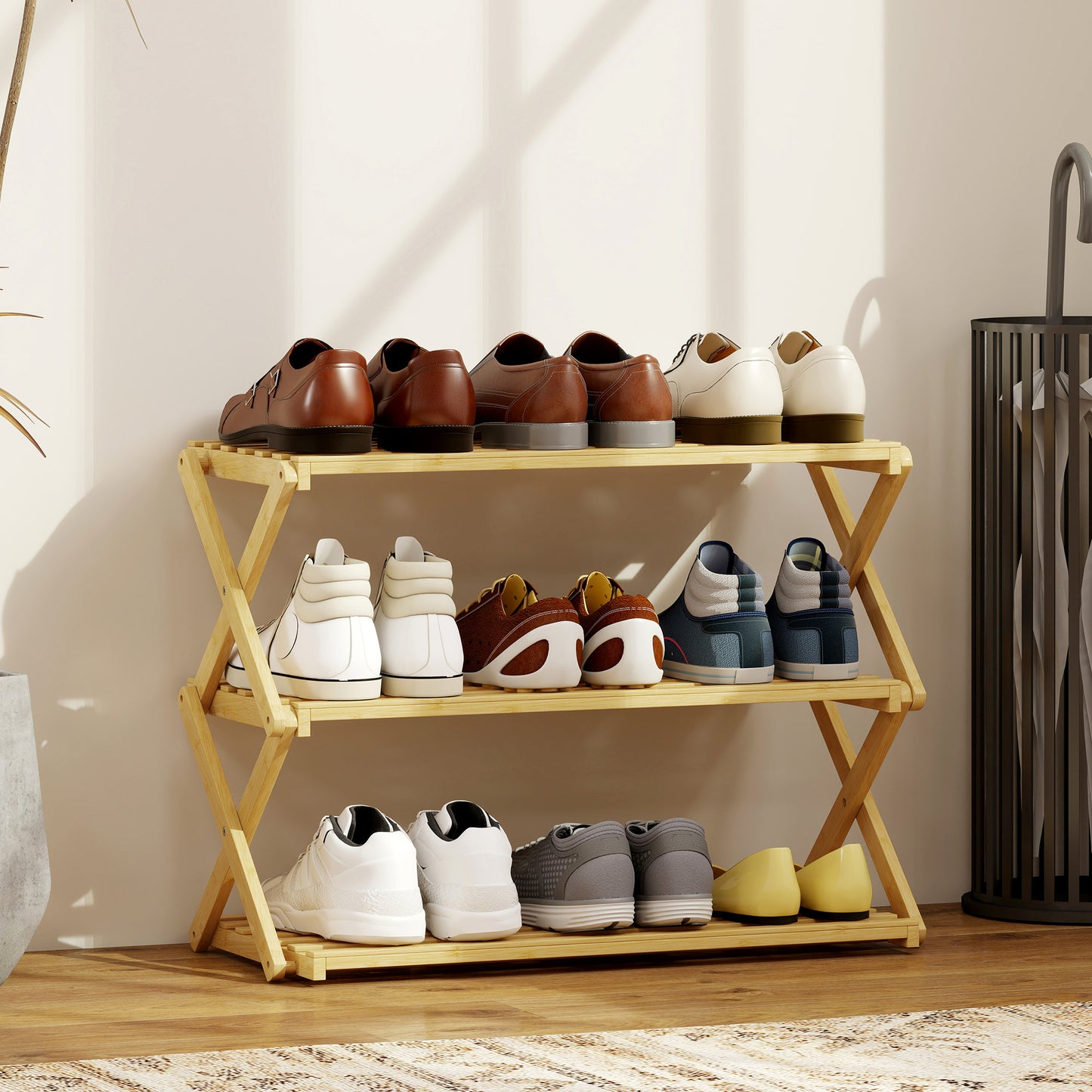3-Tier Bamboo Shoe Rack, Folding Shoe Shelf, Holds up to 9 Pairs