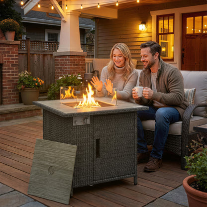 Rattan Gas Fire Pit Table with Rain Cover, Wind Guard, 14.5 KW
