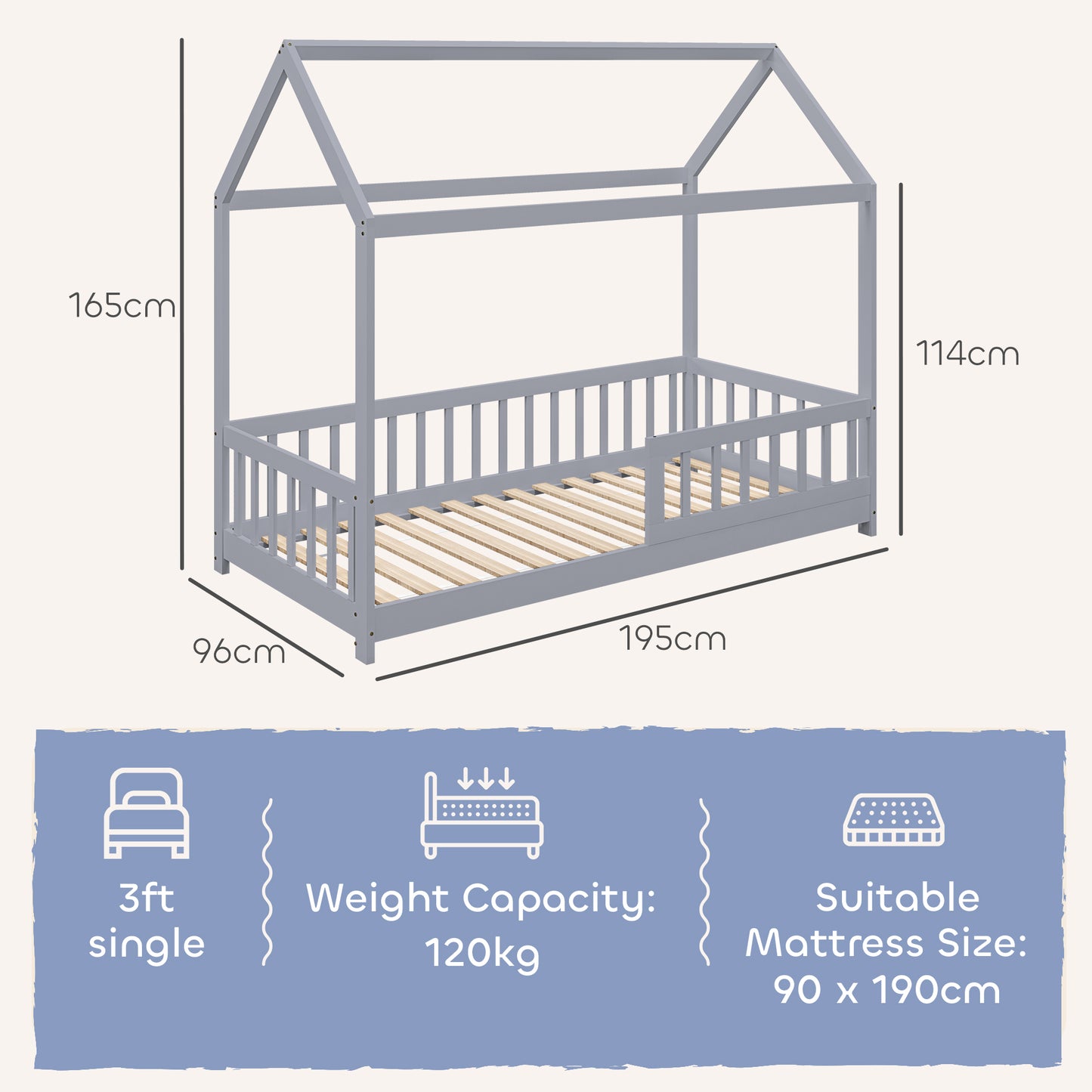 House-Shaped Kids Bed Frame with Guard Rails for Boys Girls, Grey