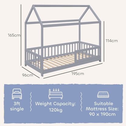 House-Shaped Kids Bed Frame with Guard Rails for Boys Girls, Grey