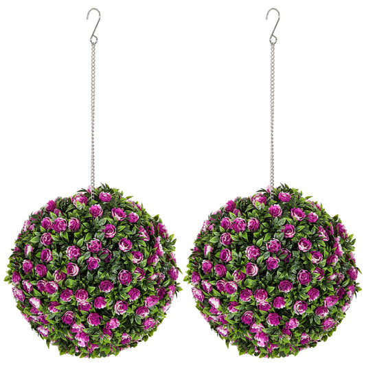 Set of 2 Artificial Plant Topiary Rose Balls, Faux Plants, Purple