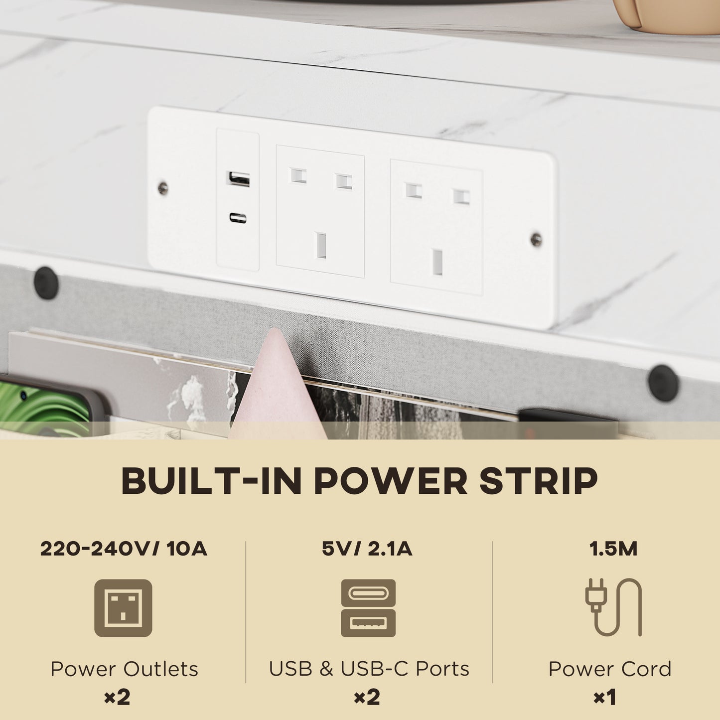 C-Shaped Side Table with Charging Station, Modern Bedside Table