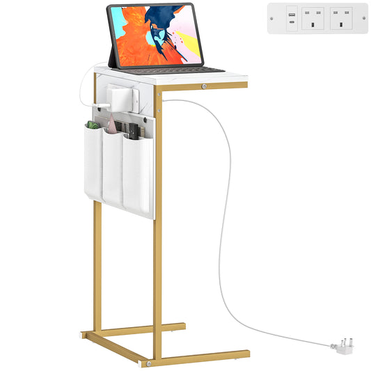 C-Shaped Side Table with Charging Station, Modern Bedside Table