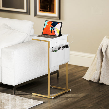 C-Shaped Side Table with Charging Station, Modern Bedside Table