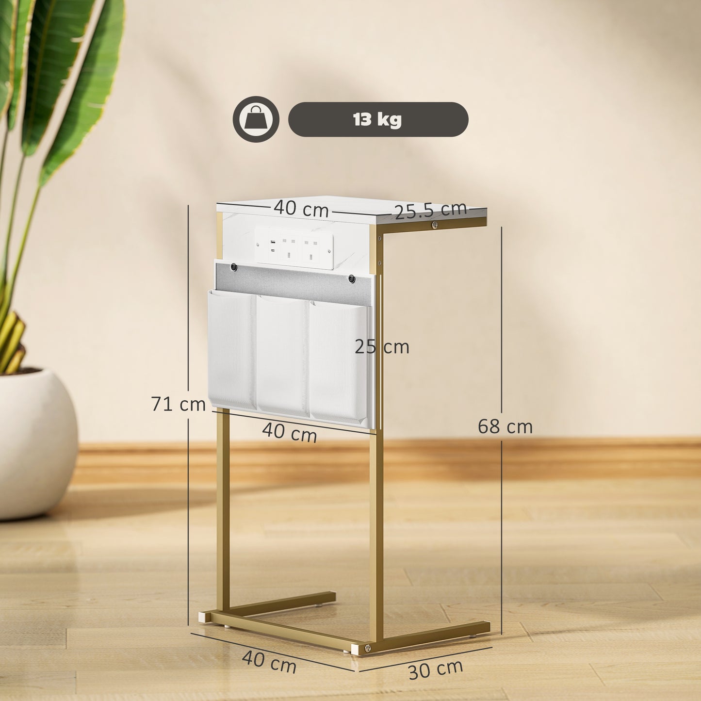 C-Shaped Side Table with Charging Station, Modern Bedside Table