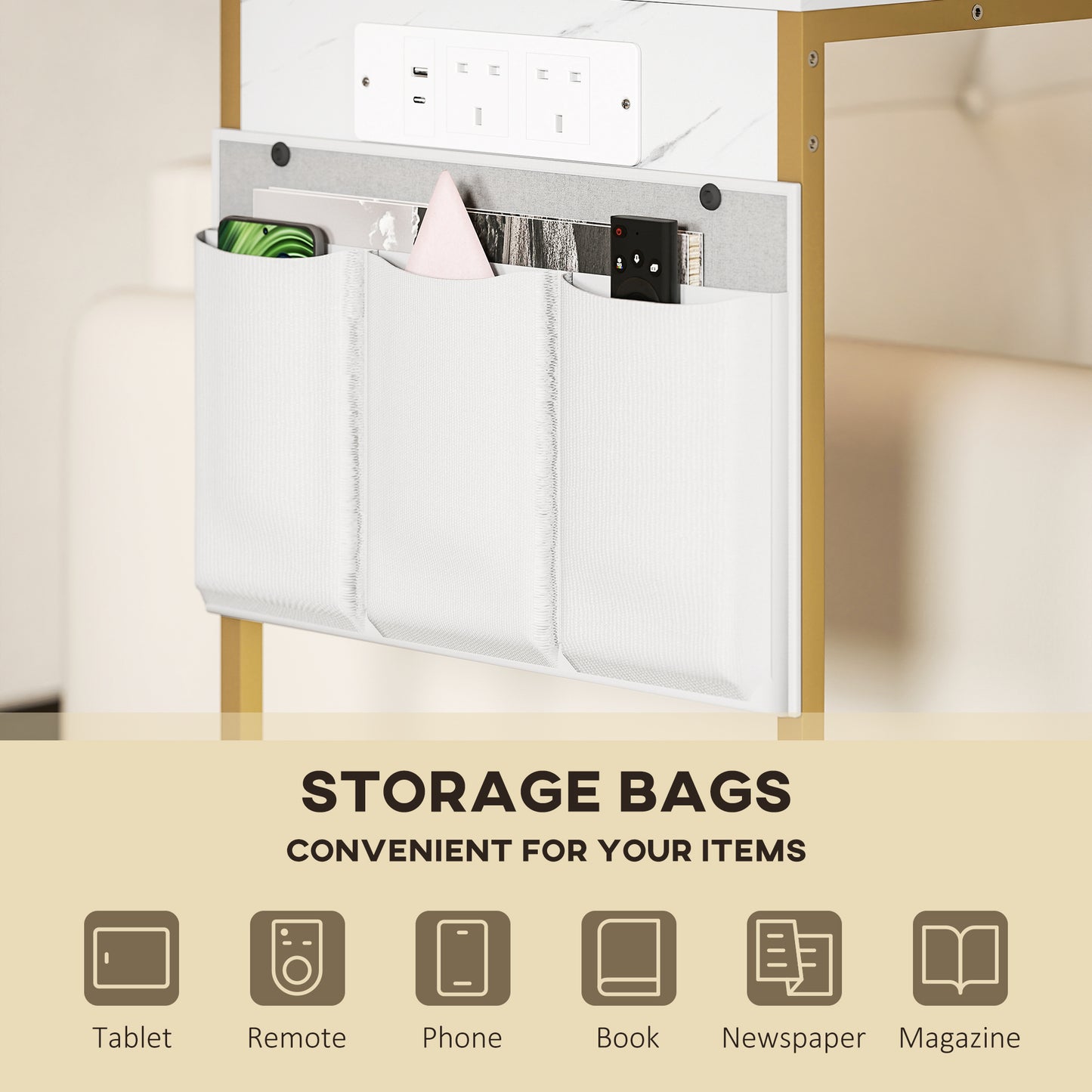 C-Shaped Side Table with Charging Station, Modern Bedside Table