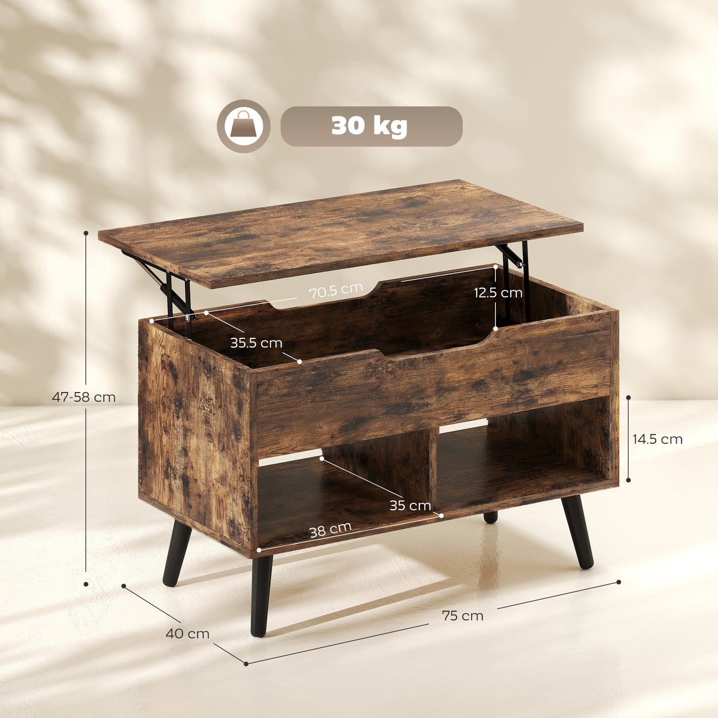 Lift Top Coffee Table Hidden Storage 75 cm Rustic Brown