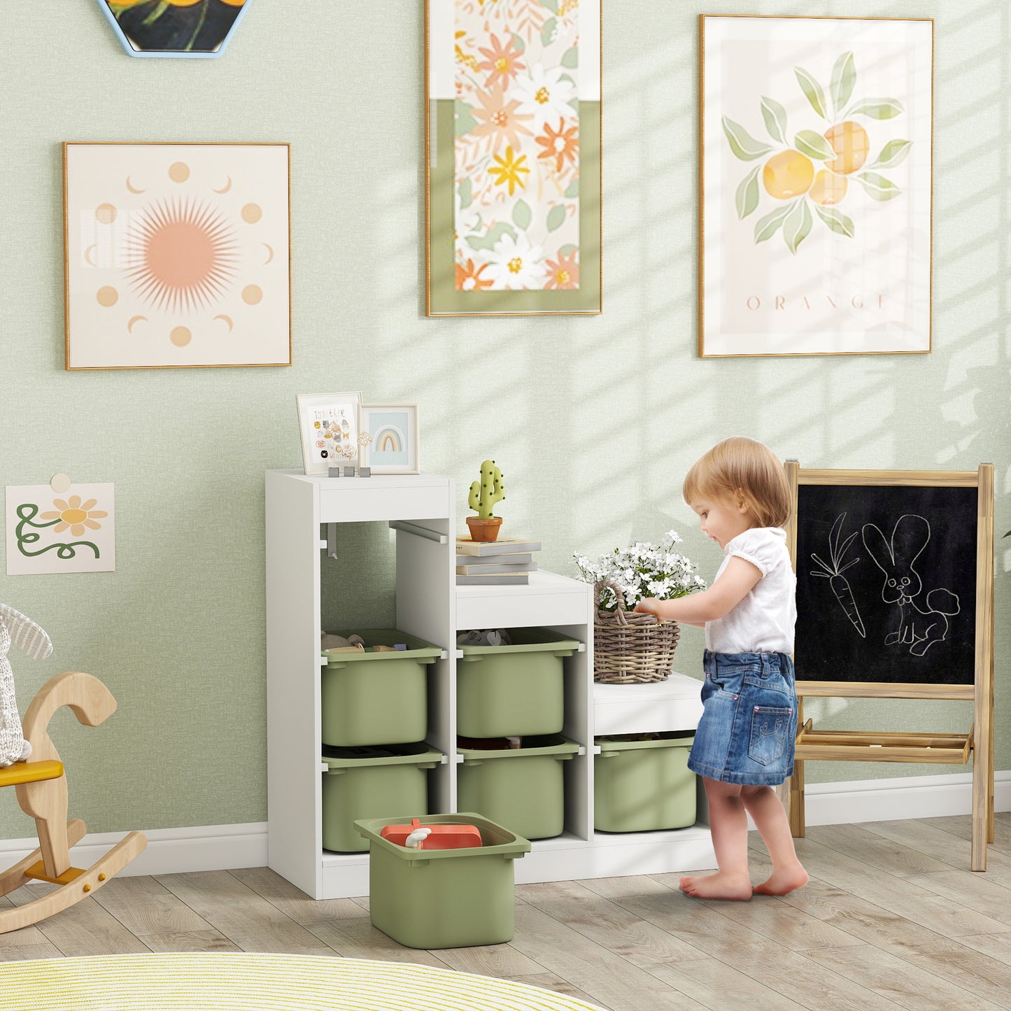Kids Toy Storage Unit with Removable Bins, for 3-8 Years, Green