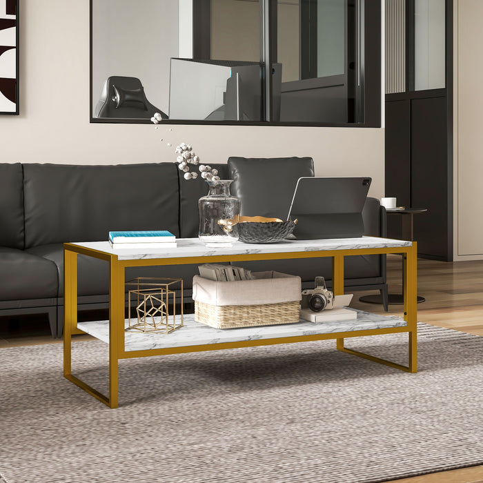 Two-Tier Coffee Table with Marble Effect Shelf and Metal Frame White