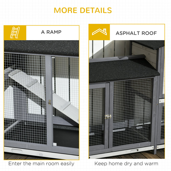 Large Rabbit Hutch Outdoor, 2-Tier Guinea Pig Hutch, Wooden Bunny Run, Small Animal House with Double Side Run Boxes, No-leak Plastic Tray, Ramp, 230 x 53 x 93.5cm, Light Grey