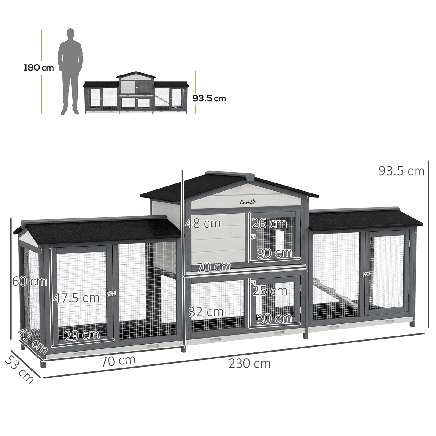 Large Rabbit Hutch Outdoor, 2-Tier Guinea Pig Hutch, Wooden Bunny Run, Small Animal House with Double Side Run Boxes, No-leak Plastic Tray, Ramp, 230 x 53 x 93.5cm, Light Grey