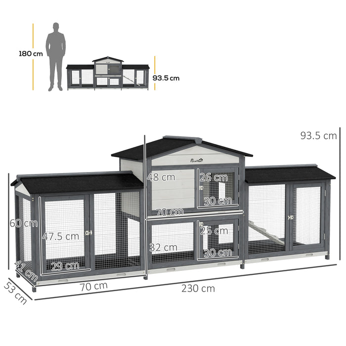 Large Rabbit Hutch Outdoor, 2-Tier Guinea Pig Hutch, Wooden Bunny Run, Small Animal House with Double Side Run Boxes, No-leak Plastic Tray, Ramp, 230 x 53 x 93.5cm, Light Grey