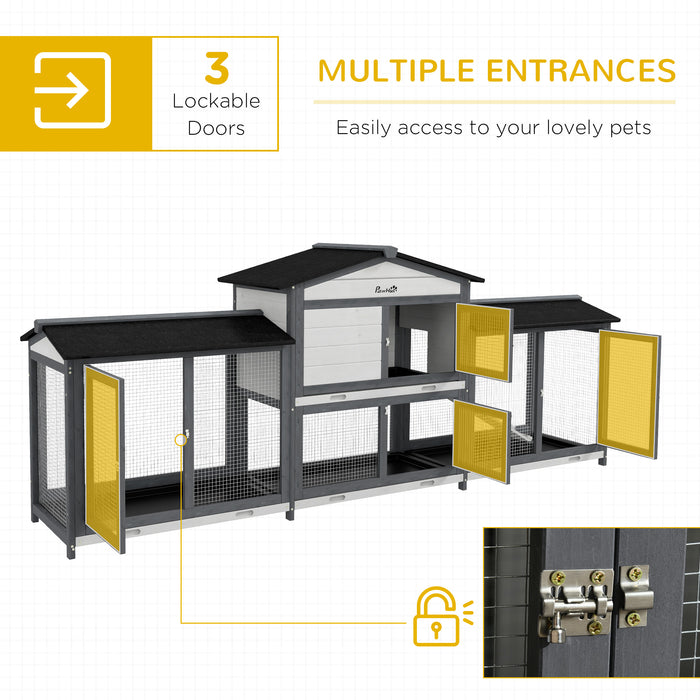 Large Rabbit Hutch Outdoor, 2-Tier Guinea Pig Hutch, Wooden Bunny Run, Small Animal House with Double Side Run Boxes, No-leak Plastic Tray, Ramp, 230 x 53 x 93.5cm, Light Grey