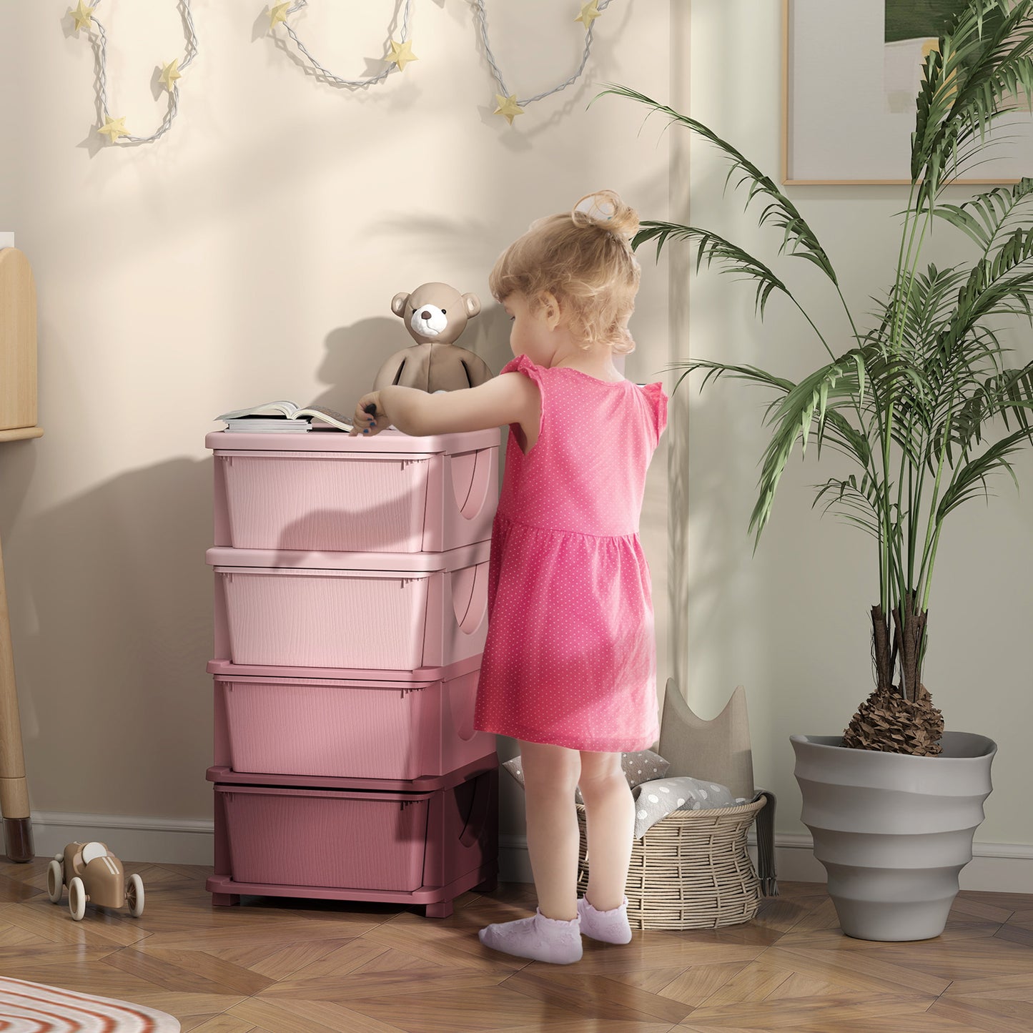 Four-Tier Kids Storage Boxes, Plastic Storage Units with Four Drawers, Pink