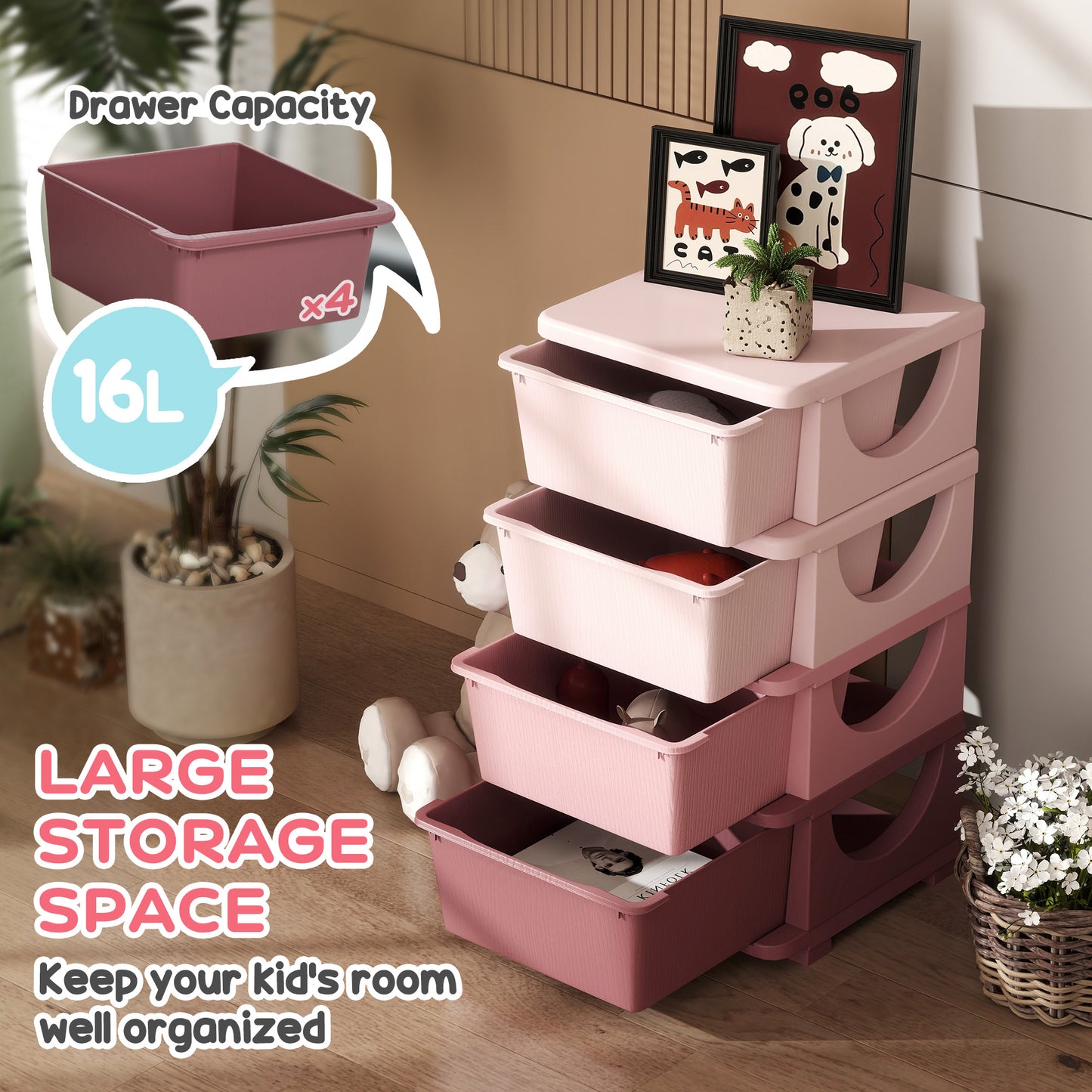 Four-Tier Kids Storage Boxes, Plastic Storage Units with Four Drawers, Pink