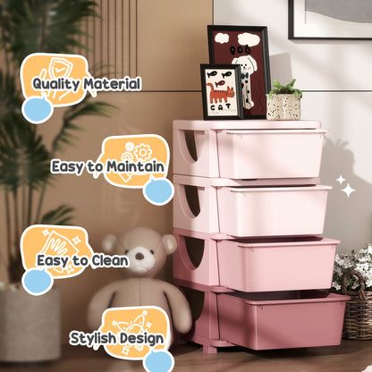 Four-Tier Kids Storage Boxes, Plastic Storage Units with Four Drawers, Pink