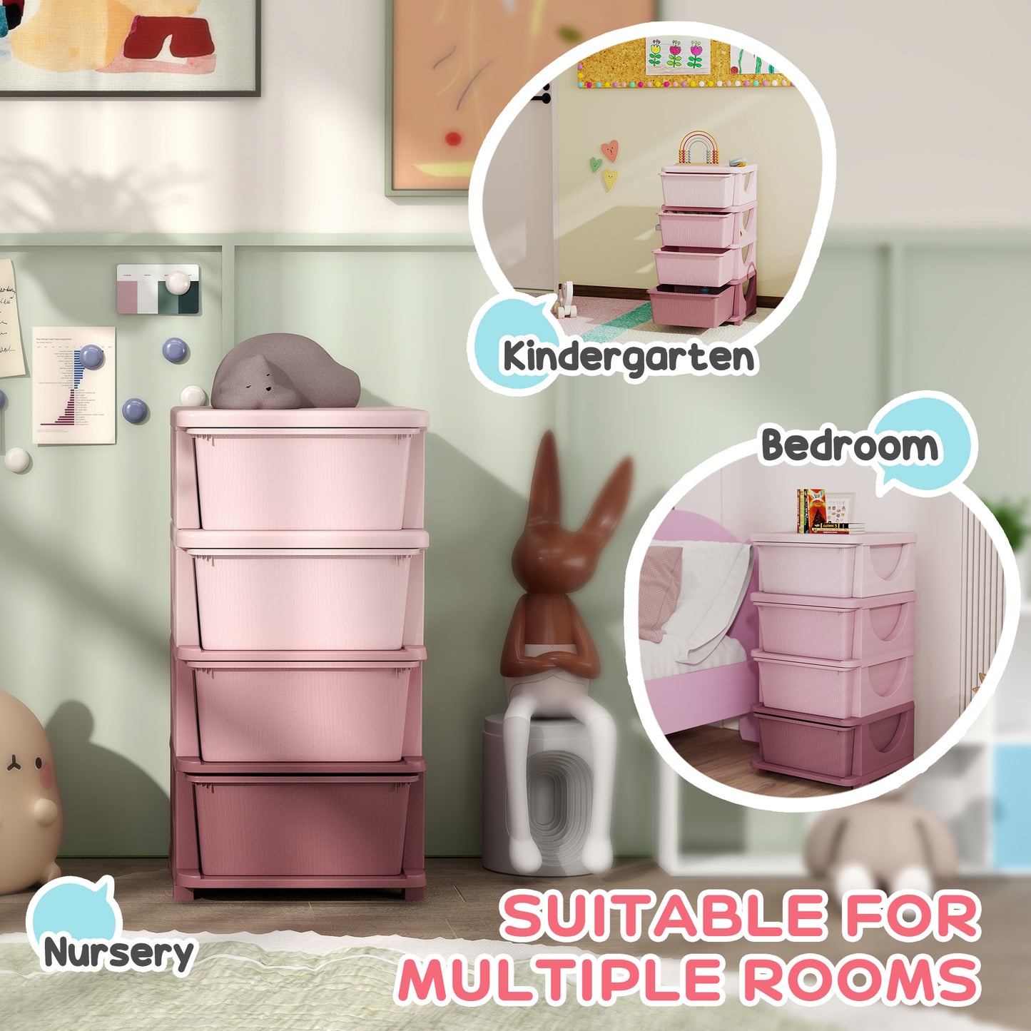 Four-Tier Kids Storage Boxes, Plastic Storage Units with Four Drawers, Pink