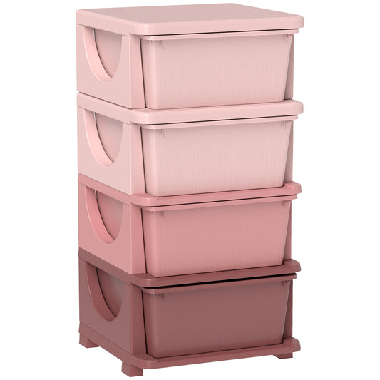 Four-Tier Kids Storage Boxes, Plastic Storage Units with Four Drawers, Pink