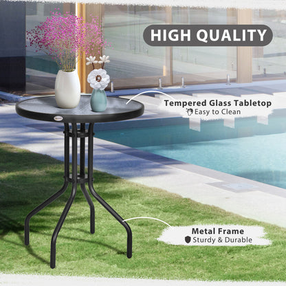 Φ60×70H cm Round Metal Table, Garden Table Tempered Glass-Black