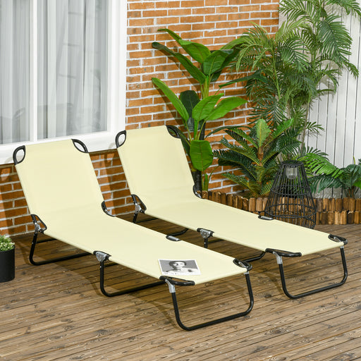 Folding Sun Loungers Set of 2 with Adjustable Backrest, Beige