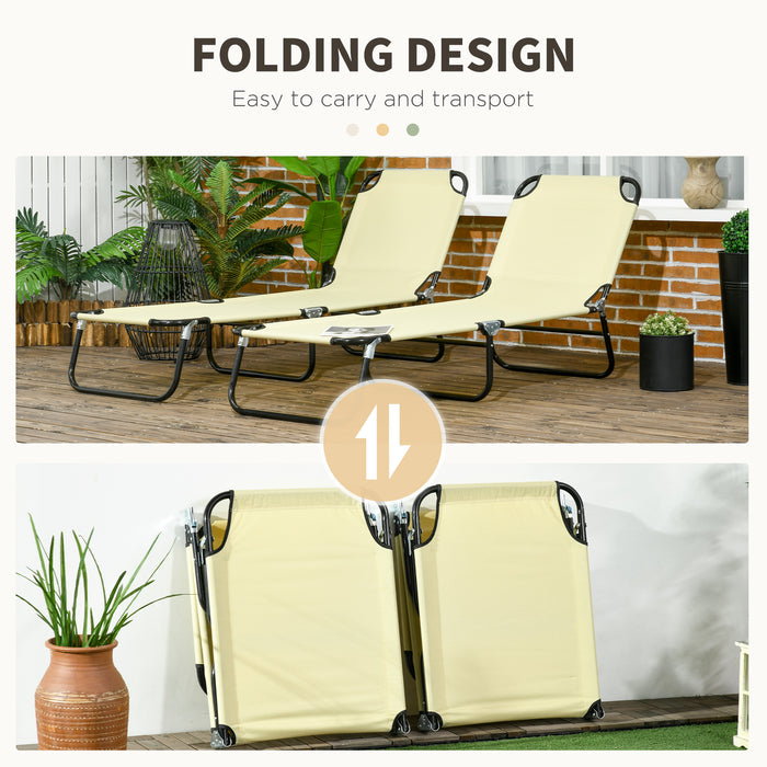 Folding Sun Loungers Set of 2 with Adjustable Backrest, Beige