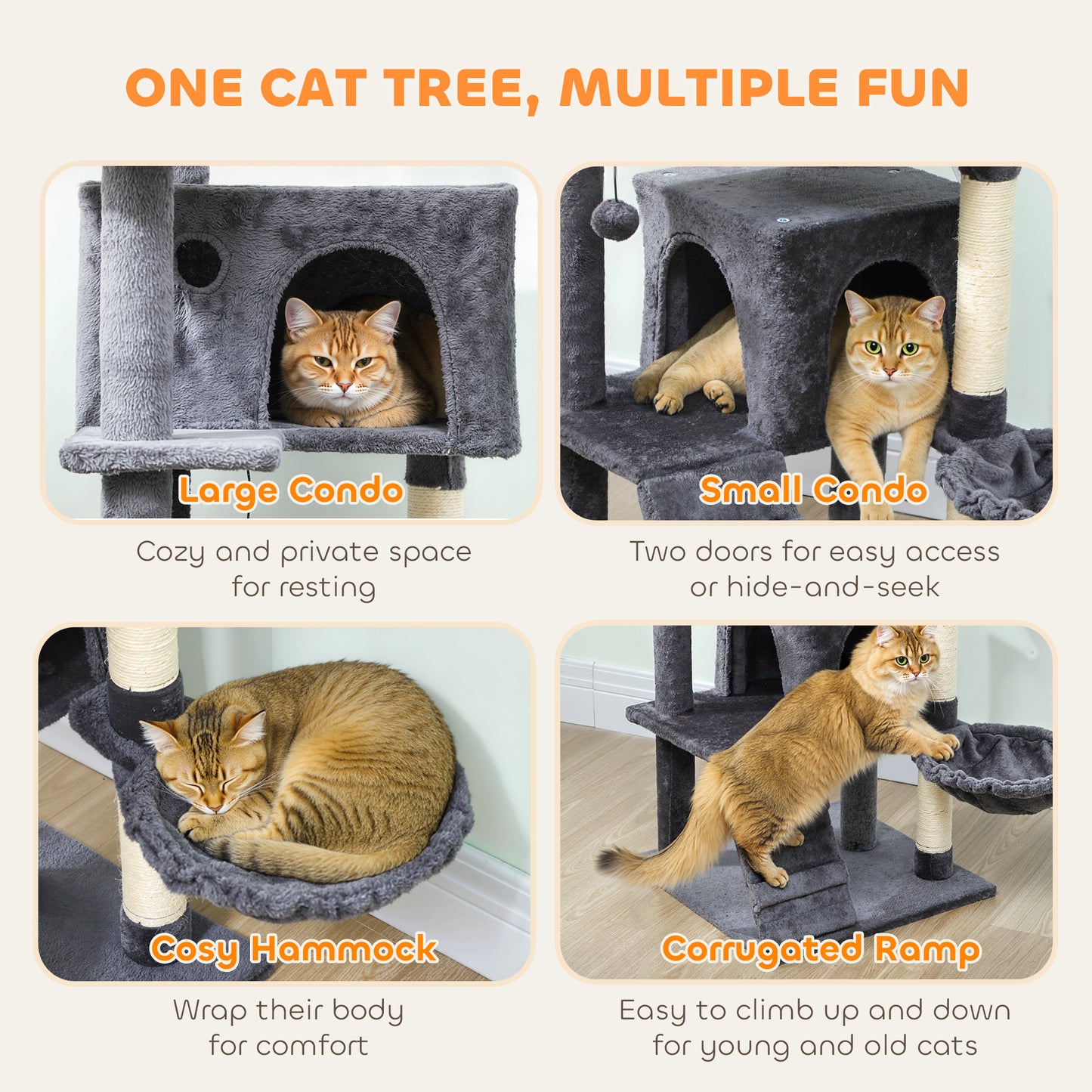 140cm Cat Tree with Sisal Scratching Posts, Cat Houses, Dark Grey