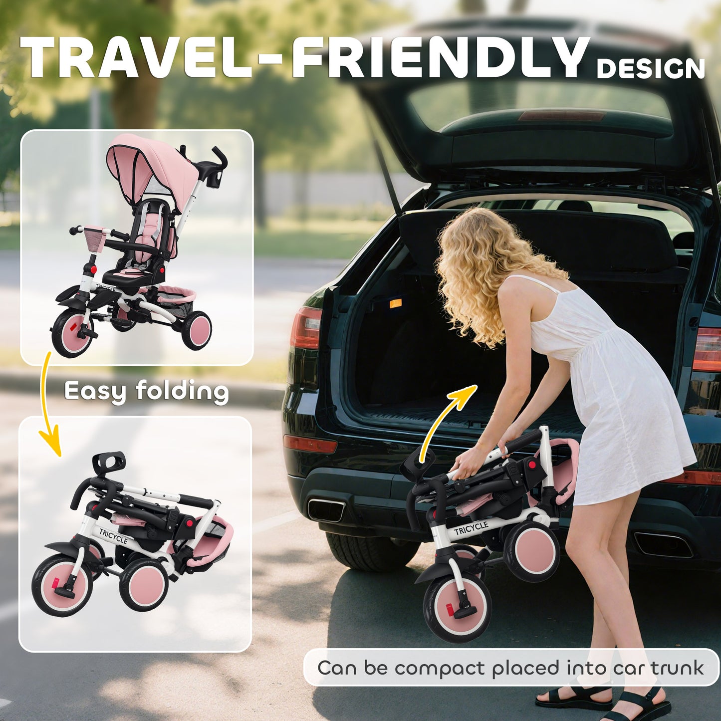 6 in 1 Kids Trike, Toddler Tricycle with Parent Handle, Pink