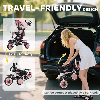6 in 1 Kids Trike, Toddler Tricycle with Parent Handle, Pink