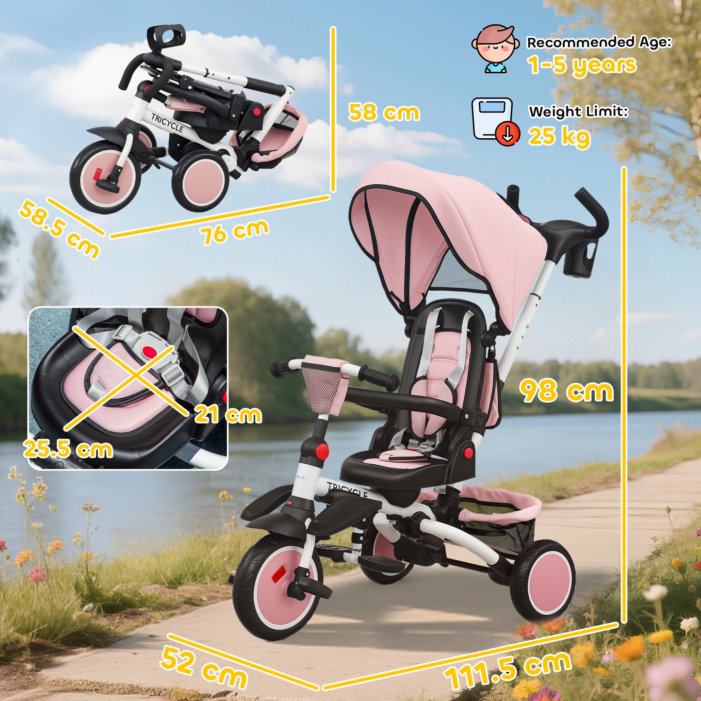 6 in 1 Kids Trike, Toddler Tricycle with Parent Handle, Pink