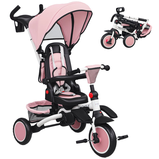 6 in 1 Kids Trike, Toddler Tricycle with Parent Handle, Pink
