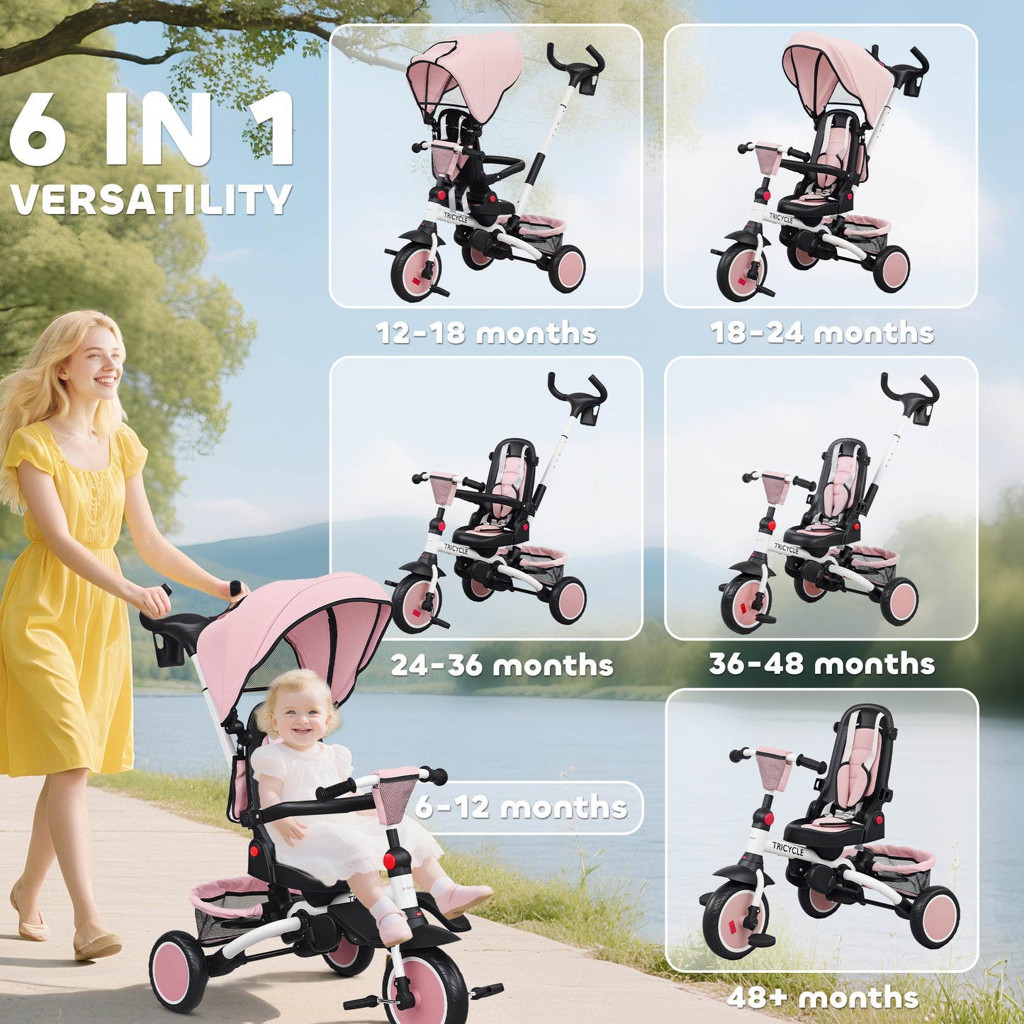 6 in 1 Kids Trike, Toddler Tricycle with Parent Handle, Pink