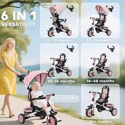 6 in 1 Kids Trike, Toddler Tricycle with Parent Handle, Pink