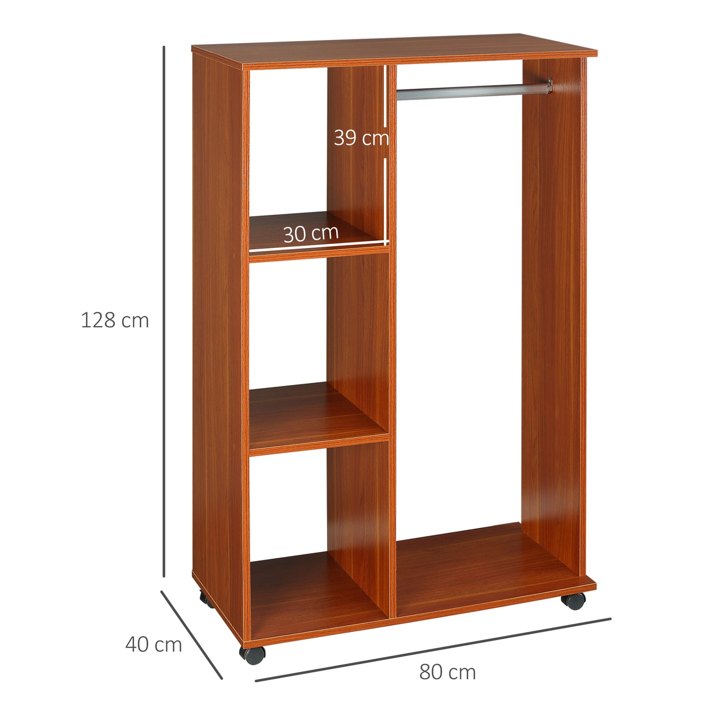 Rolling Open Wardrobe Hanging Rail Storage Shelves for Clothes, Walnut