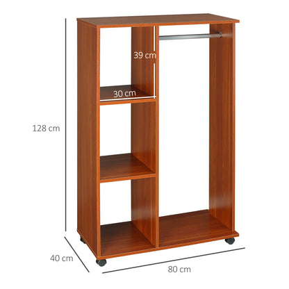 Rolling Open Wardrobe Hanging Rail Storage Shelves for Clothes, Walnut