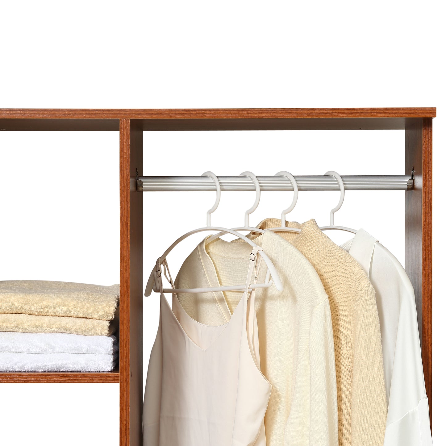 Rolling Open Wardrobe Hanging Rail Storage Shelves for Clothes, Walnut