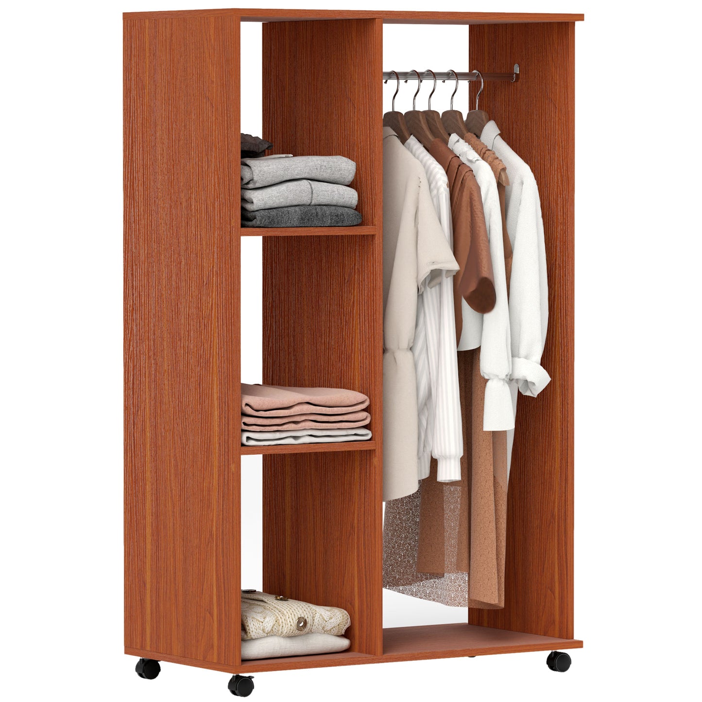 Rolling Open Wardrobe Hanging Rail Storage Shelves for Clothes, Walnut