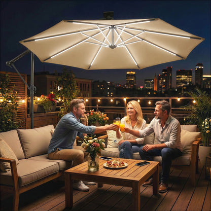 3 m Garden Cantilever Parasol with Solar Light, Rotation, Khaki