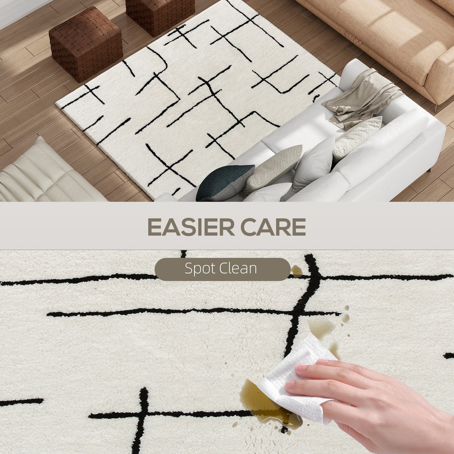 High Pile Modern Shaggy Rug, Soft Floor Carpet 120 x 170 cm, Cream