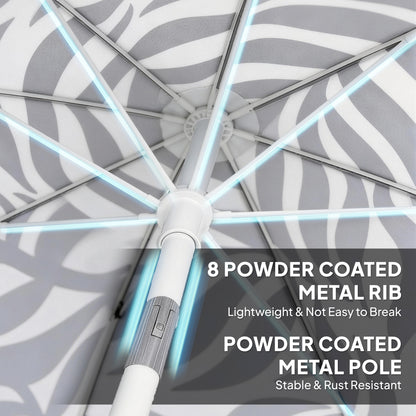 1.8 m Beach Umbrella Parasol with Sand Anchor, 30 Tilt, Light Grey