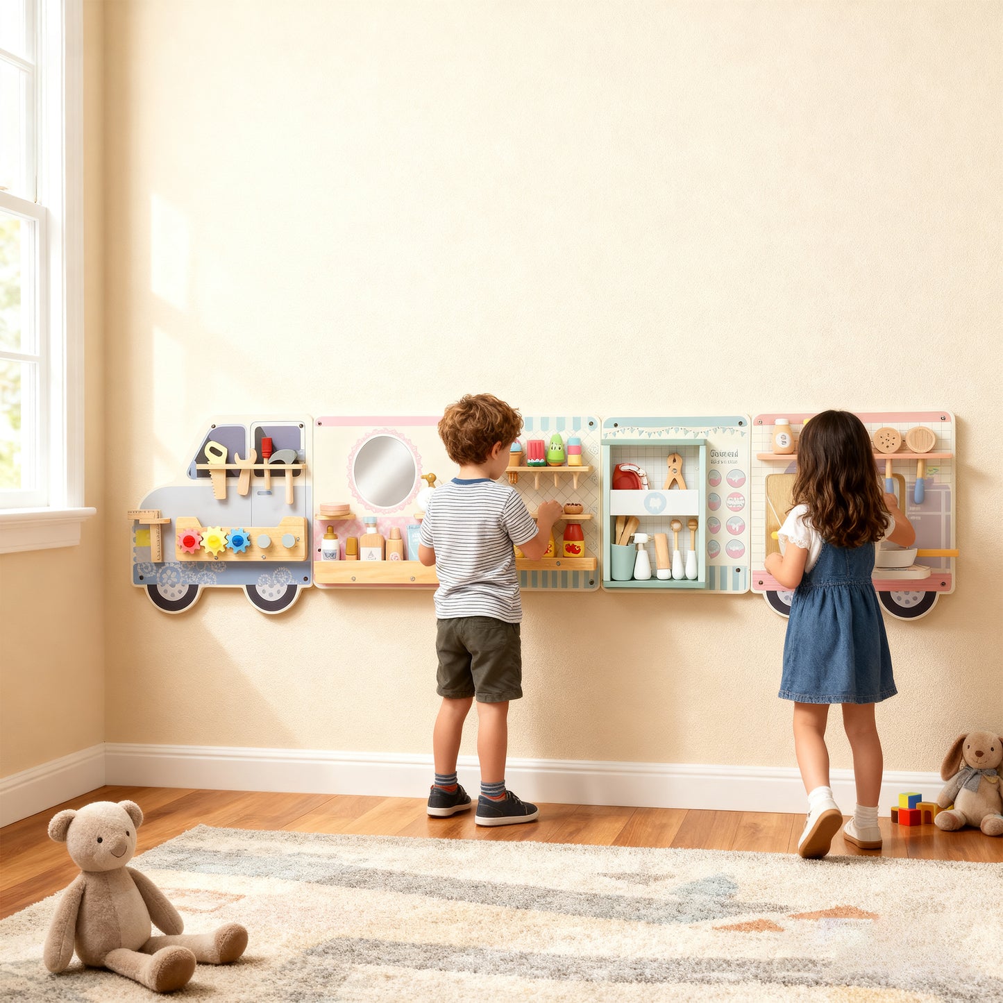 Wooden Busy Board, 5 in 1 Wall Panel Sensory Toy for Kids