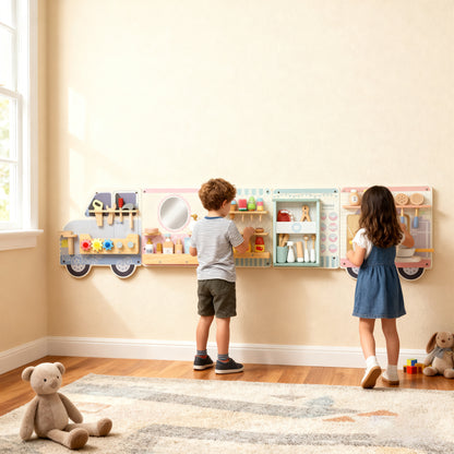 Wooden Busy Board, 5 in 1 Wall Panel Sensory Toy for Kids