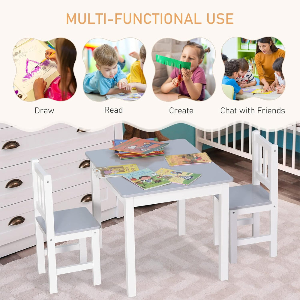 Kids Table and Chair Set 3 Pieces Toddler Preschoolers Desk with 2 Chairs for Indoor Study Rest Snack Time Grey