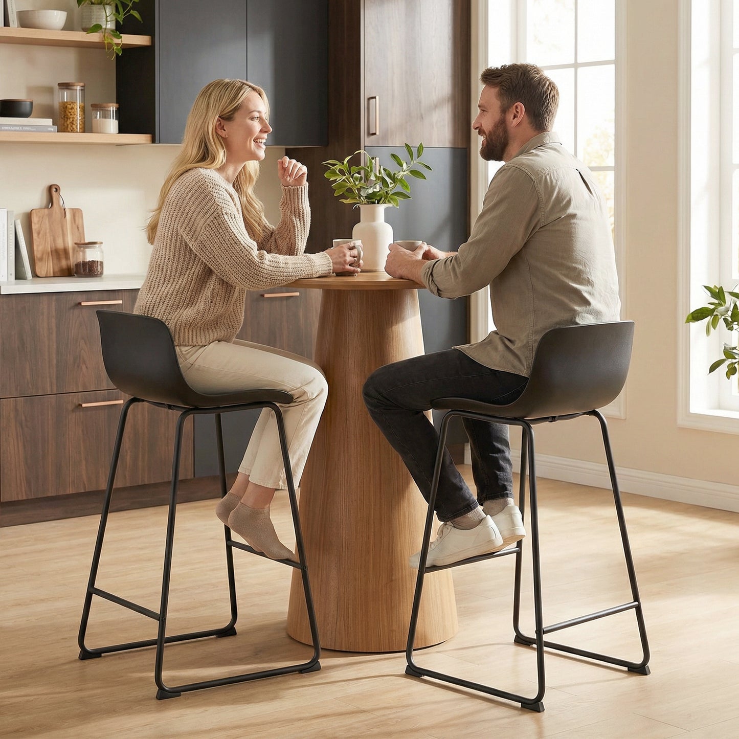 Modern Bar Stools Set of 2, PU Leather Upholstered Barstools, Black