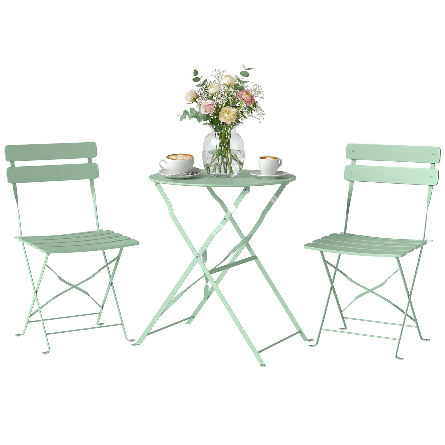 Folding Bistro Set with Round Garden Table and Chairs, Light Green