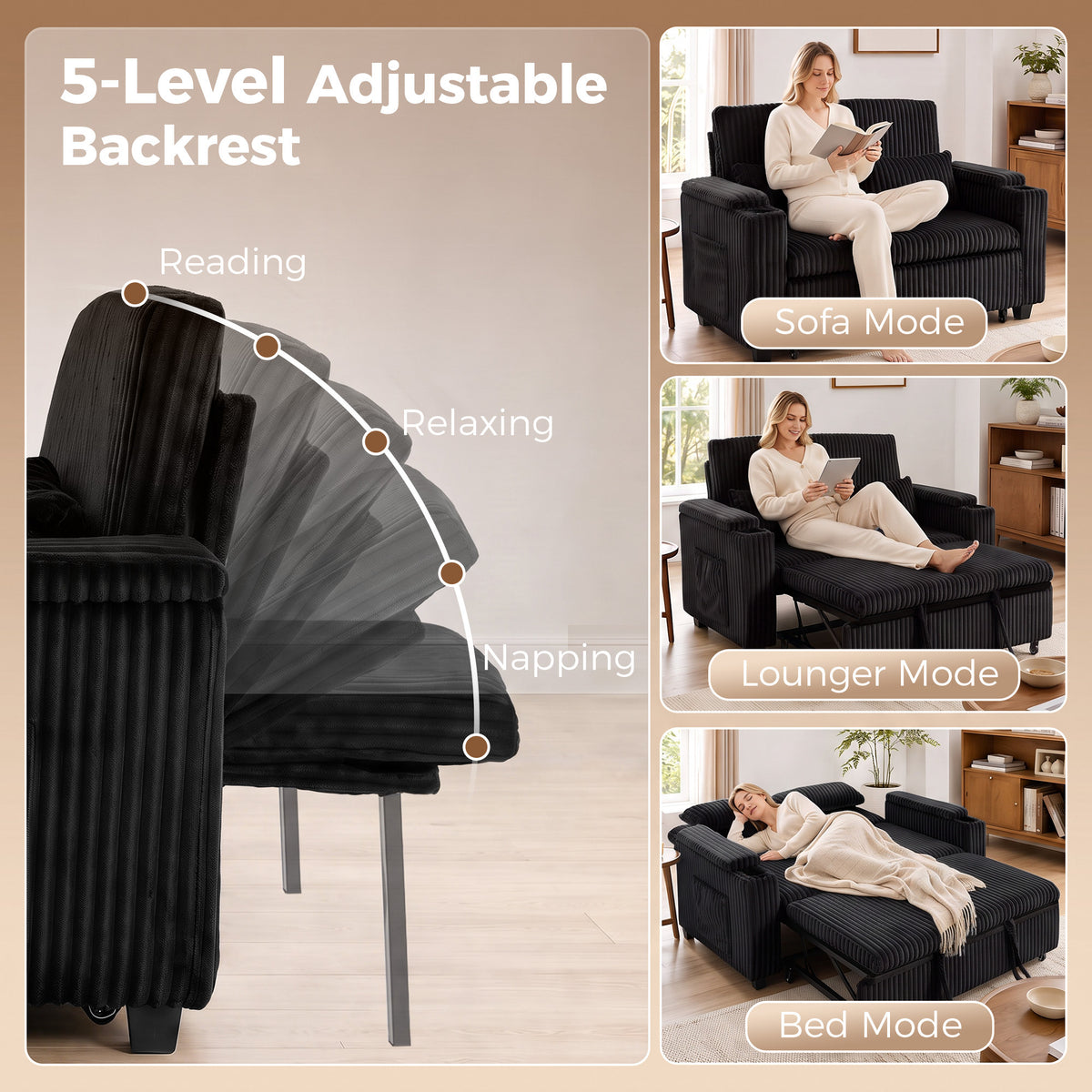 2 Seater Sofa Bed, 3-in-1 Corduroy Pull Out Sleeper Sofa, Black