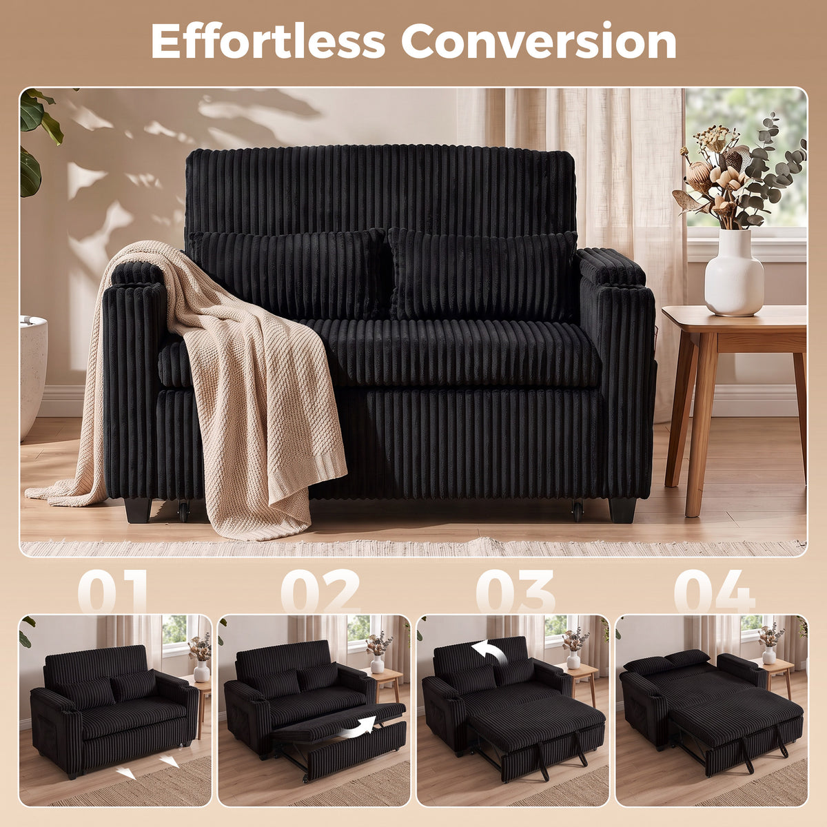 2 Seater Sofa Bed, 3-in-1 Corduroy Pull Out Sleeper Sofa, Black