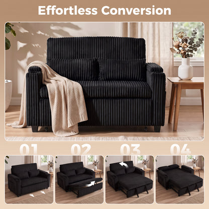 2 Seater Sofa Bed, 3-in-1 Corduroy Pull Out Sleeper Sofa, Black