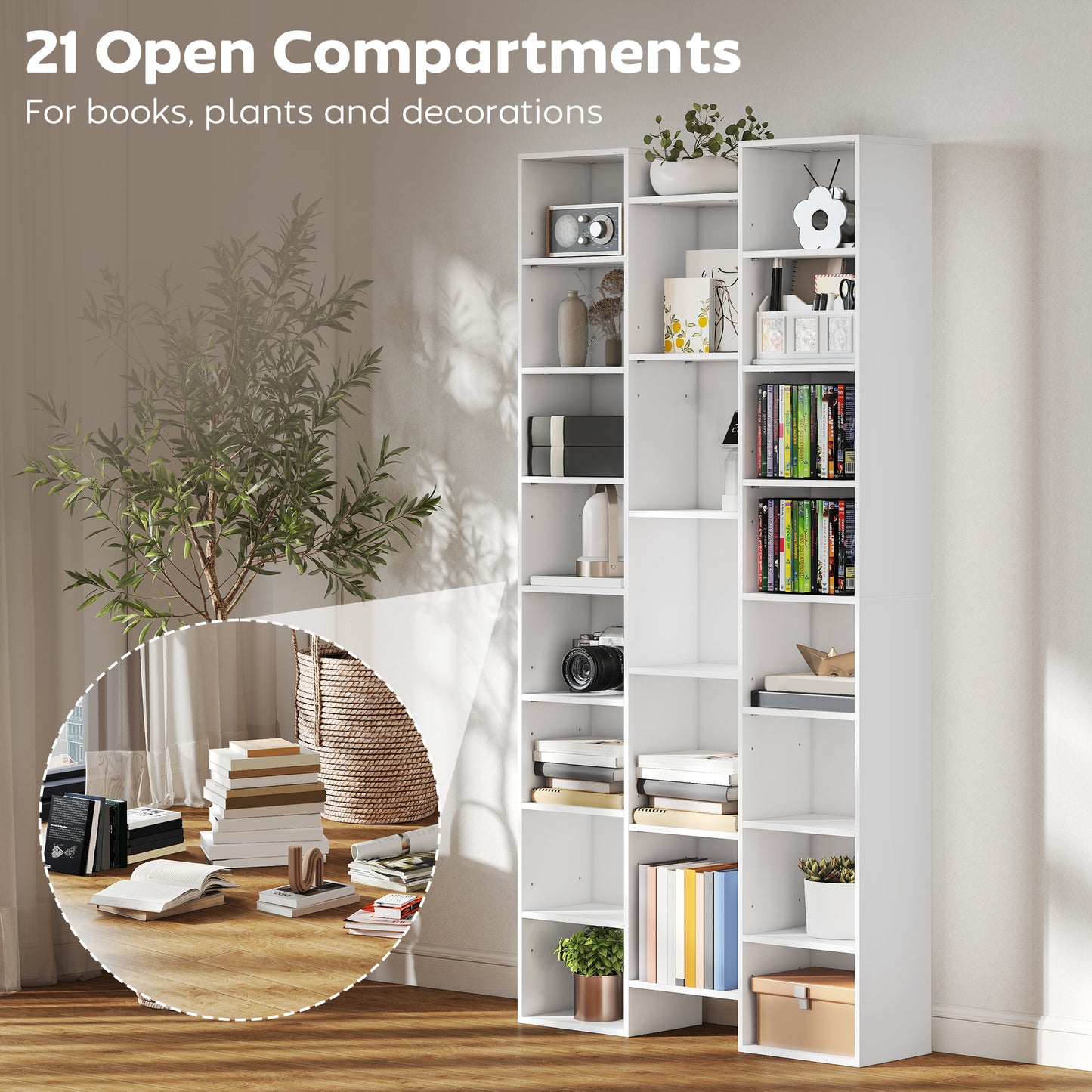 Tall Bookshelf with 21 Compartments and 10 Adjustable Shelves, White