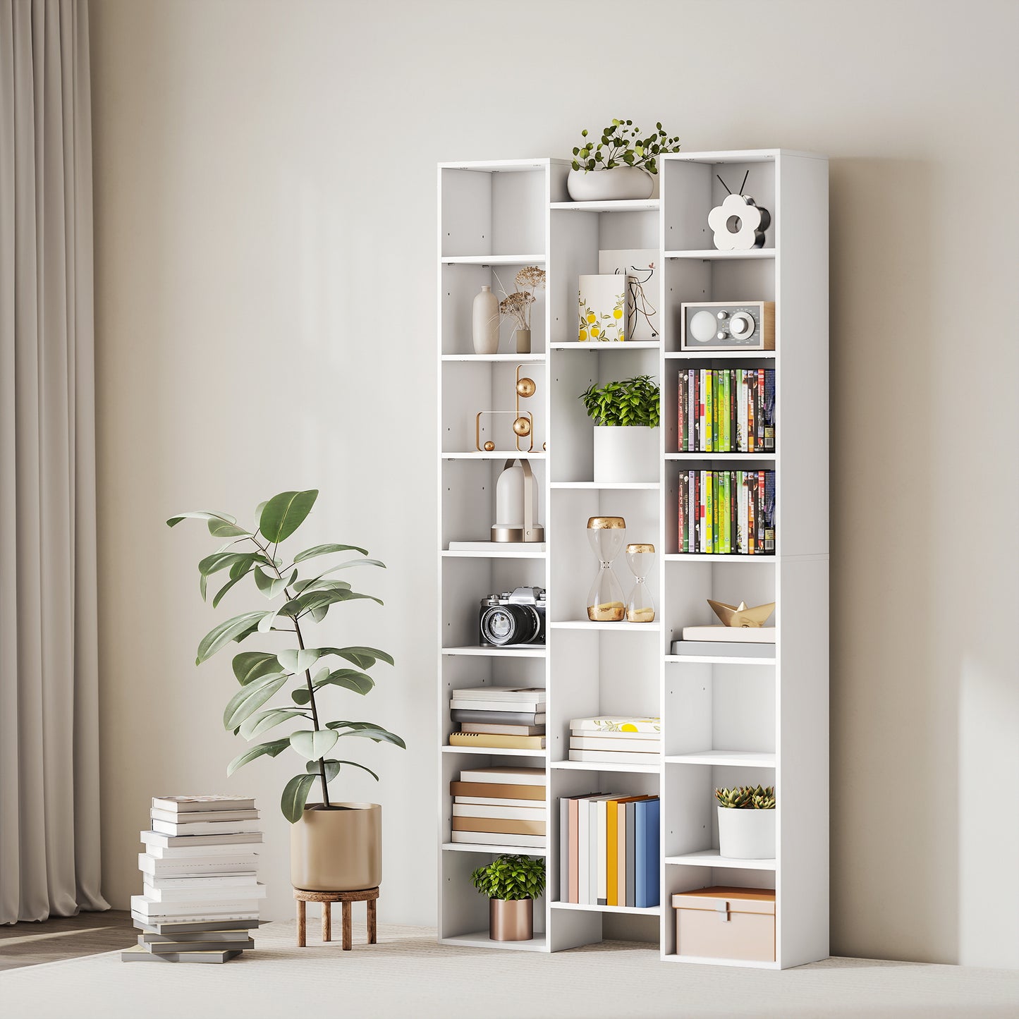 Tall Bookshelf with 21 Compartments and 10 Adjustable Shelves, White